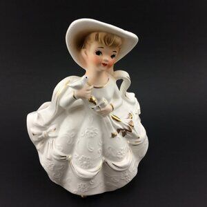 Vtg Rubens Southern Belle Lady with Parasol and Bird Figural Planter White Dress